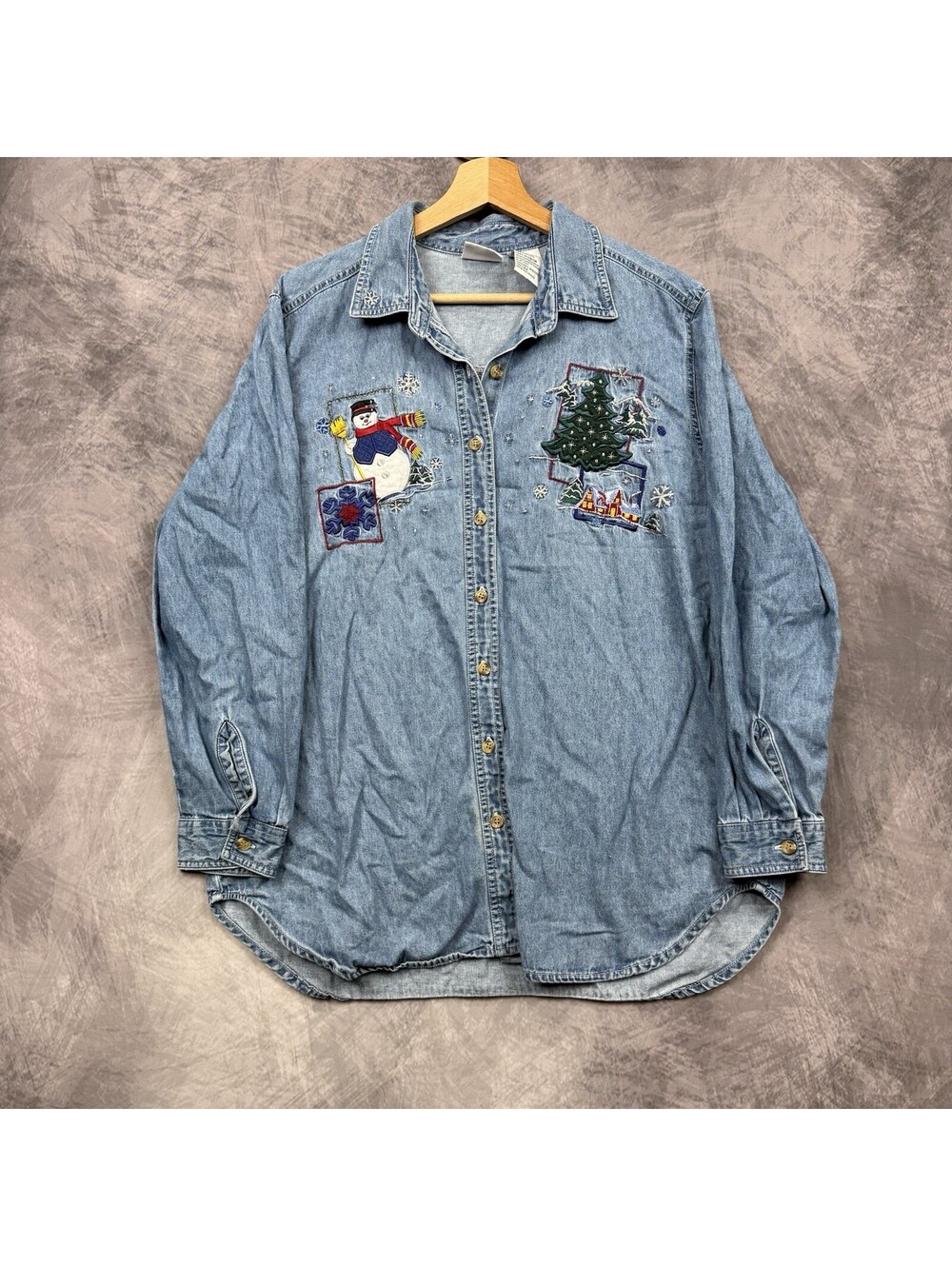 Vintage 90s Bobbie Brooks Women’s Large Christmas Denim Cotton Button-Up Shirt